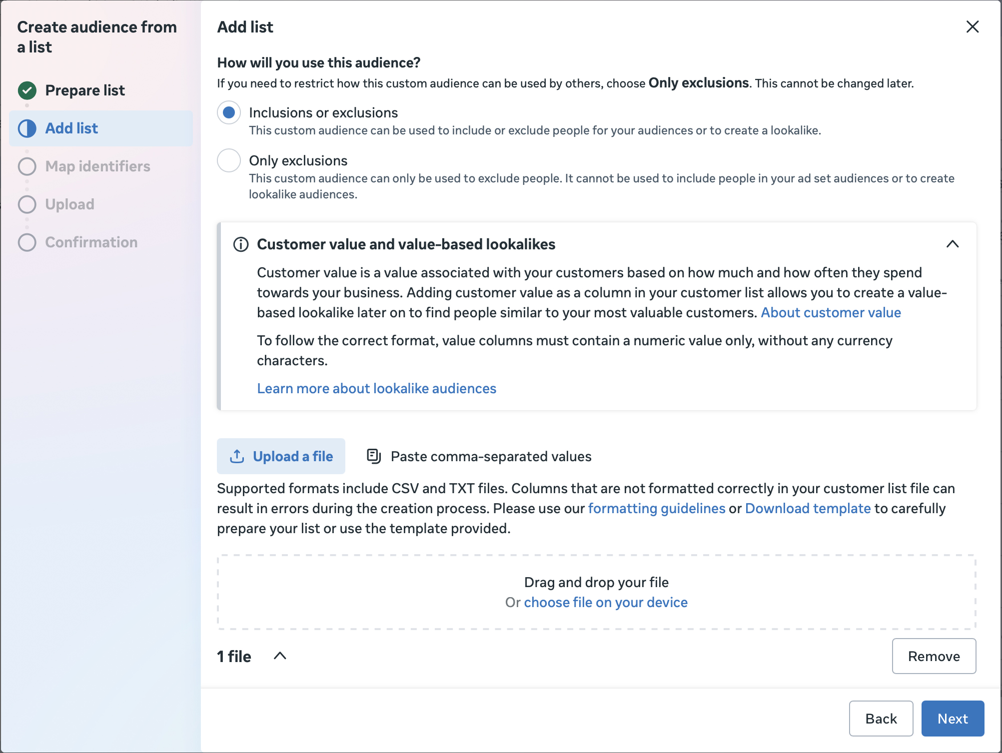 Add list step showing 'How will you use this audience?' with Inclusions or exclusions selected, a note about customer value and lookalikes, and an uploaded file.