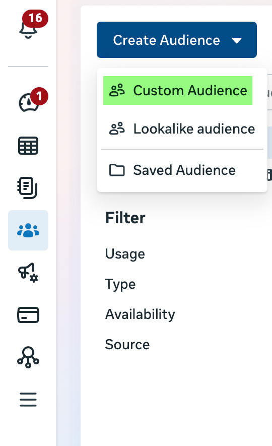 Create Audience dropdown open with Custom Audience highlighted, above Lookalike audience and Saved Audience.