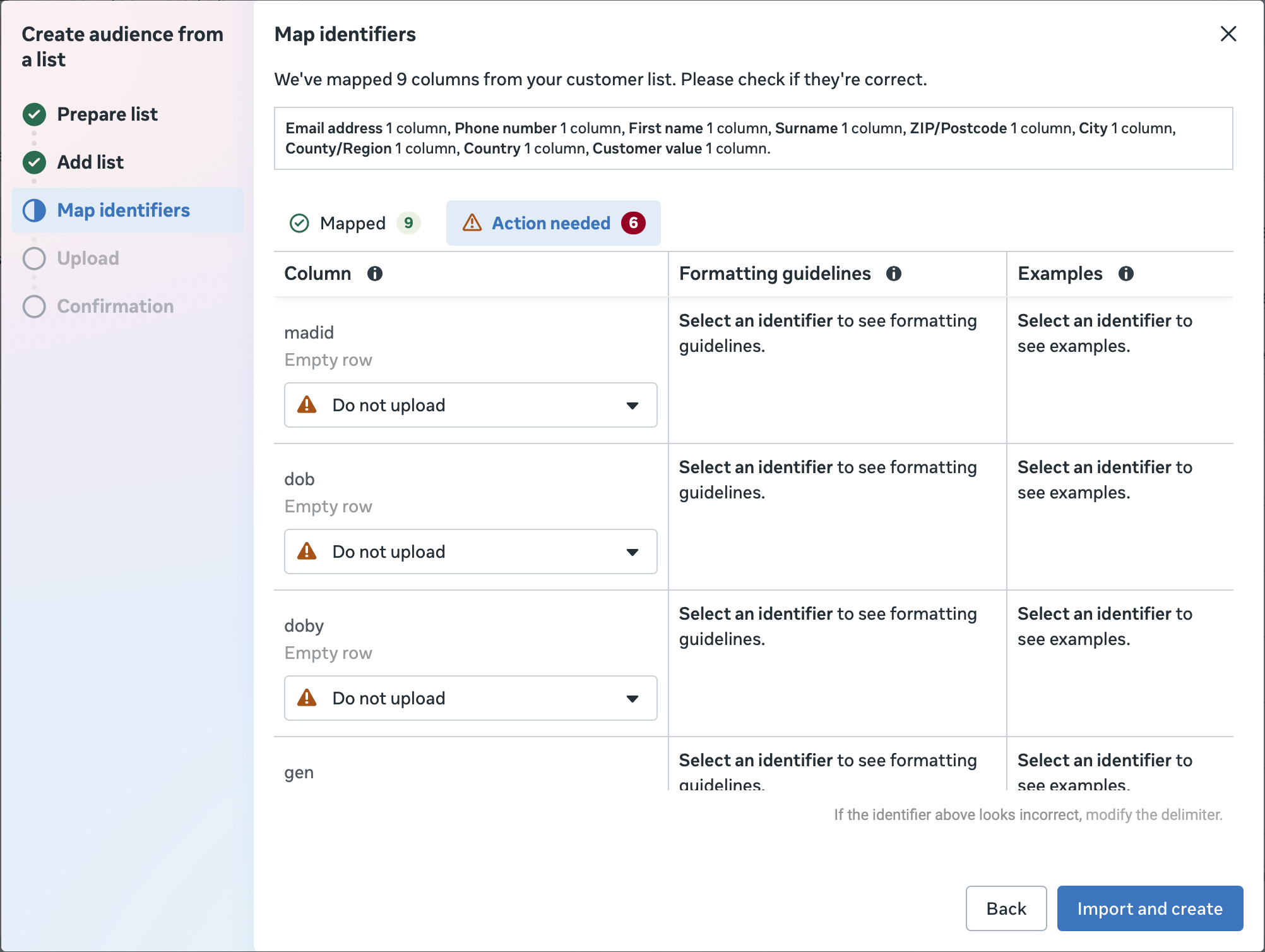 Map identifiers step showing 9 columns mapped from the customer list, and an Action needed tab with 6 optional columns set to Do not upload.