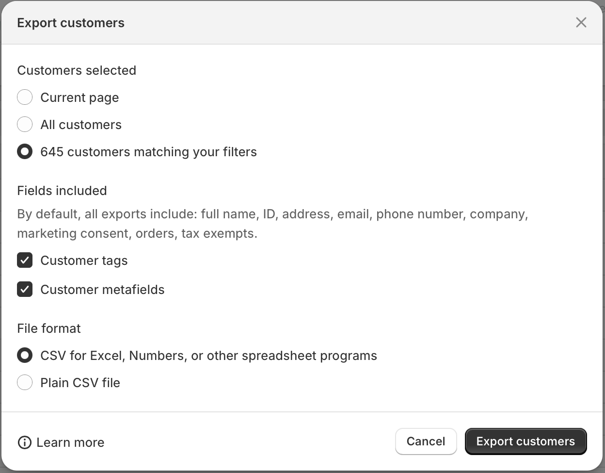 Shopify 'Export customers' pop-up with '645 customers matching your filters' and 'CSV for Excel, Numbers, or other spreadsheet programs' selected, and the Export customers button.