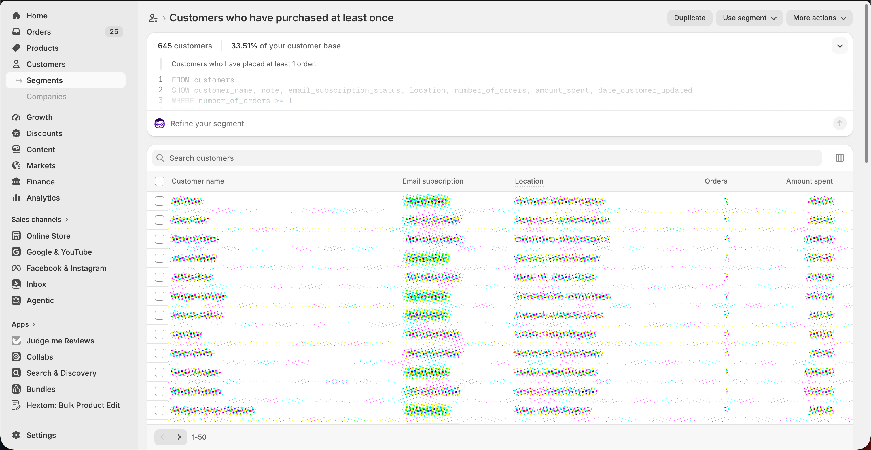 Shopify segment detail page for 'Customers who have purchased at least once' showing 645 customers, the segment definition, and the More actions menu top right.